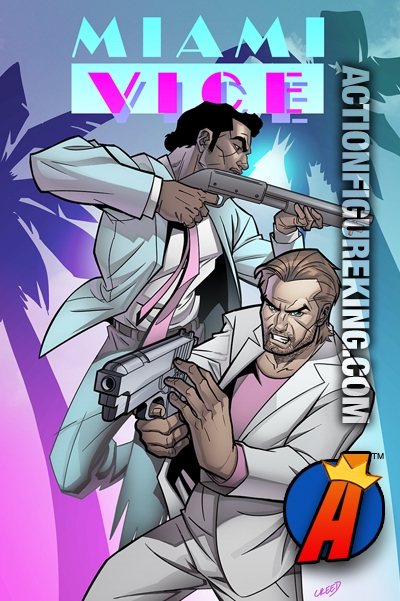 Crockett, Tubbs, and Castillo and Crockett's 1972 Ferrari Daytona Spyder are depicted in this cover illustration from the new Miami Vice digital comic series.