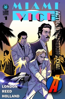 Crockett, Tubbs, Castillo along with Crockett&#039;s Ferrari 365 GTS/4 Daytona Spyder are depicted in this cover illustration from the new Miami Vice Digital Comic series from Lion Forge Comics.